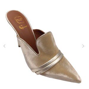 Malone Souliers Champagne Velvet Metallic Leather Trimmed Mules Heels